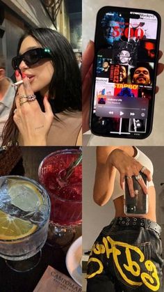 a collage of photos showing people using cell phones and eating food, drinking beverages