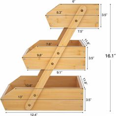 three wooden boxes stacked on top of each other with measurements for the bottom and sides