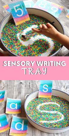 a child's hand is painting letters with sprinkles in a bowl