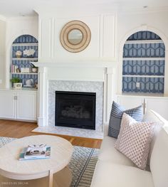 a living room filled with furniture and a fire place in the middle of a room