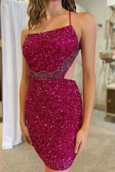 Fuchsia Sequin Homecoming Dresses Cross Back Mini Party Gown, LTP2958 – Laylatailor Shop Mini Gown, Pretty Bridesmaid Dresses, Sequin Homecoming Dress, Short Homecoming Dresses, Two Piece Homecoming Dress, Burgundy Prom Dress, Homecoming Dresses Tight, Mini Party, Party Gown