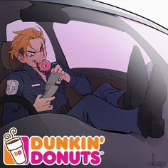 a cartoon character sitting in the driver's seat of a car with dunkin'donuts