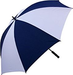 an open umbrella on a white background with blue and white stripes in the bottom half