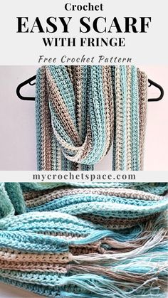 the crochet easy scarf with fringe is shown in three different colors and sizes