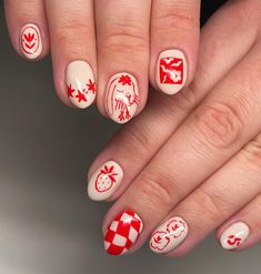 Retro Nail Art Vintage, Red Korean Nails, Red Abstract Nails, Red Nail Designs Short, Short Red Nails Design, Apple Nail Art, Nails Art Red, Quirky Nail Art