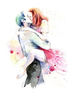 a watercolor painting of two people hugging each other