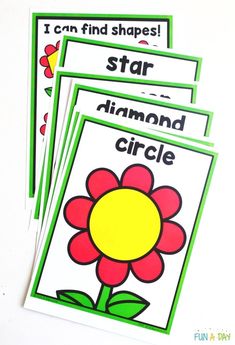 four flower cards with the words star, diamond circle and i can find shapes