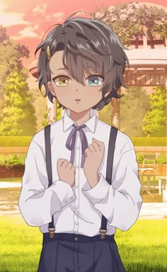 an anime character wearing suspenders and a white shirt is standing in the grass with his hands on his chest