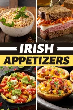 there are pictures of different appetizers on this page, including sandwiches and dips