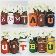 four mason jars decorated with footballs, flowers and the letters u - m - u