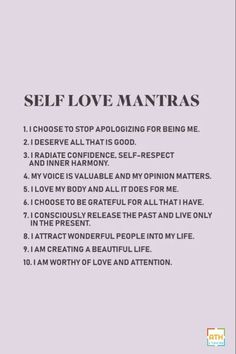 the words self love mantras written in black and white on a light purple background