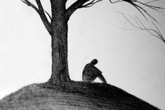 a drawing of a man sitting on top of a hill next to a bare tree