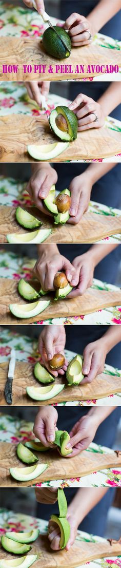 the process for making avocado is shown in four different stages, including cutting and slicing