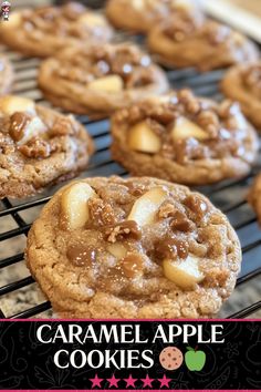 caramel apple cookies cooling on a rack with text overlay that reads, caramel apple cookies