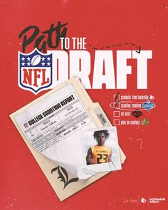 the nfl draft card is on display in front of a red background with an image of a football player