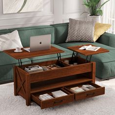 a living room scene with focus on the coffee table and open storage compartment in the center