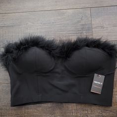 Black Fur Bra Nice To Wear With Pants Or Skirt Edgy Party Bottoms From Forever 21, Edgy Party Bottoms By Forever 21, Black High-waist Crop Top For Night Out, Forever 21 Black Party Bottoms, Fur Bra, Pink Fur Tube Top, Black Feather Crop Top, Chiffon Tunic Top, Winter Tunic