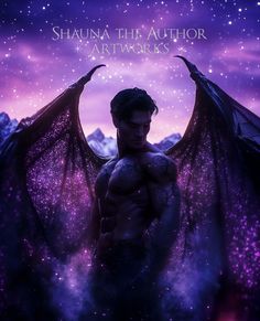 a man standing in front of a purple sky with wings on his chest and the words shaunan their author artwork works above him