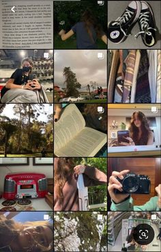 a collage of photos with people taking pictures and writing on them, including an open book