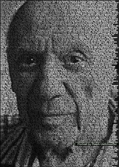 an old man's face is shown in black and white with words all over it