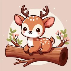 a little deer sitting on top of a tree branch