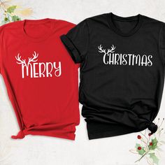 Matching Christmas Couples Shirt, Merry Christmas Family Shirt, Wife and Husband Christmas Shirt, Xmas Holiday Shirt, Couple Holiday T-Shirt Hello, Thanks for your support. Your gladness comes first and all work is done with LOVE in here. Always keep your support, please:)  Matching Christmas Couples Shirts are branded Bella+Canvas.   Matching Christmas Couples Shirt Contents: - Solid colors: %100 Cotton. - Heather colors: %52 Cotton + %48 Polyester* This ultra-soft graphic tee is made from a co Christmas Holiday Crew Neck Shirt, Red Holiday Shirt For Gift, Red Holiday Shirt Gift, Holiday Red Shirt As Gift, Festive Winter Crew Neck Shirt, Red Short Sleeve Christmas Tops, Crew Neck Shirt For Winter Festive Occasion, Red Short Sleeve Tops For Christmas, Winter Gift Shirt With Letter Print