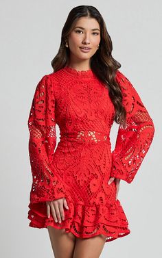 Kiss Me Now Mini Dress - Long Puff Sleeve Dress in Red Floral | Showpo USA