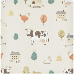 a cow is standing in the middle of a field with farm animals and houses on it