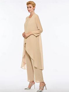 Jumpsuit / Pantsuit Mother of the Bride Dress Wedding Guest Elegant Plus Size Bateau Neck Floor Length Chiffon Sleeveless Wrap Included with Solid Color 2024 2024 - $95.99 Elegant Two-piece Stretch Set, Fitted Chiffon Long Sleeve Sets, Fitted Chiffon Set With Long Sleeves, Elegant Beige Two-piece Set, Elegant Two-piece Stretch Dress, Elegant Stretch Two-piece Dress, Solid Color Full Length Sets For Spring, Elegant Beige Sets For Summer, Elegant Stretch Sets For Summer