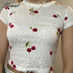 42304038469679|42304038502447|42304038535215 Fitted Short Sleeve T-shirt With Fruit Print, Fitted Short Sleeve T-shirt With Cherry Print, Fitted Cherry Print T-shirt For Summer, Fitted Cotton T-shirt With Cherry Print, Cotton Short Sleeve T-shirt With Strawberry Print, Dress 2024, Cherry Print, Solid Clothes, Summer Clothing