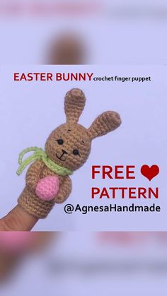 a crocheted bunny finger puppet is shown with the text free pattern on it