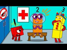 two cartoon characters are standing in front of a red cross sign and another character is sitting on a bench