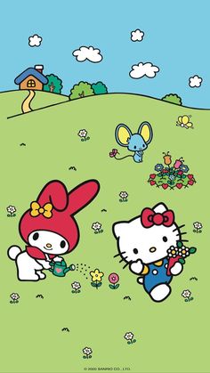 two hello kitty cartoon characters on a hill