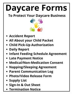 a sign that says, day care forms to protect your children's business