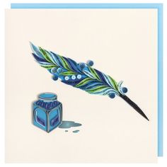 a blue and green feather quill next to an ink pen on a white background