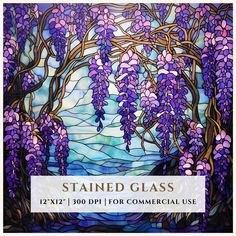 stained glass window with purple flowers and trees in the background that reads stained glass 12x12