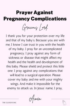 a prayer for a baby with the words prayer against pregnant complitions on it