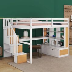 there is a loft bed with stairs and desk in the room, it has green walls