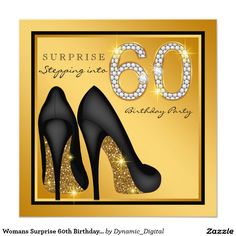 a 50th birthday party with high heel shoes and sparkles on the bottom, in gold