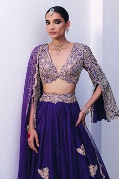 Purple lehenga with bird motif pearl, zardosi and resham embroidered buttas. Paired with an embroidered blouse with long slit sleeves and organza dupatta with multicolored resham, zardosi and pearl embroidery. - Aza Fashions Purple Lehenga, Pearl Embroidery, Bird Motif, Organza Dupatta, Embroidered Silk, Embroidered Blouse, Set For Women, Aza Fashion