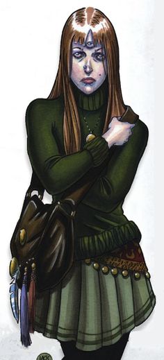 a drawing of a woman with long brown hair and green dress holding a handbag