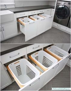 two pictures show the inside of a laundry room with white cabinets and baskets in them