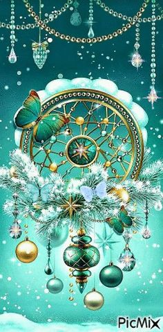 a christmas card with ornaments hanging from the ceiling and a clock on it's side