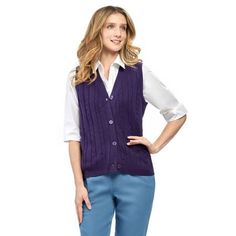 When there's a chill in the air, indoors or out, our button-up women's sweater vest has you covered. It gives you that extra layer of warmth you need yet won't add bulky sleeves. The soft and lightweight sweater vest cardigan is a classic over a blouse or turtleneck and takes a finished look to slacks, jeans, and skirts. Flattering length creates a slimming look from shoulder to hip. Richly patterned cable front, gathered hem and dyed to match buttons. Imported Size: M.  Color: Blue.  Gender: fe Button Up Styling, Button Up Sweater Vest, Cable Knit Sweater Vest, Vest Design, Vest Cardigan, Turtle Bay, Cable Knit Sweater Cardigan, Cardigan Design, Cable Cardigan