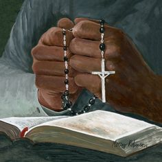 a painting of a person holding a rosary and reading a book with the cross on it