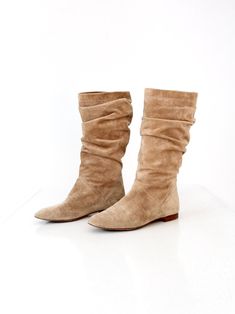 "This is a pair of vintage Brian Atwood boots. The tan suede Italian made boots have slouch pleated legs and rounded point toes. CONDITION In good condition with wear consistent with age and use.  MARKED SIZE:  37 MEASUREMENTS Height: 12\"  ..  30.5 cm Width: 3.25\"  ..  8.3 cm Heel: 1/2\"  ..  1.3 cm 918100" Vintage Suede Boots With Pointed Toe, Victorian Shoes, Stockholm Style, Suede Belt, Brian Atwood, Stockholm Fashion, Brown Belt, Levis Denim, Tan Suede