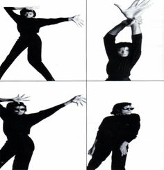 four different images of a woman in black and white with her arms stretched out to the side