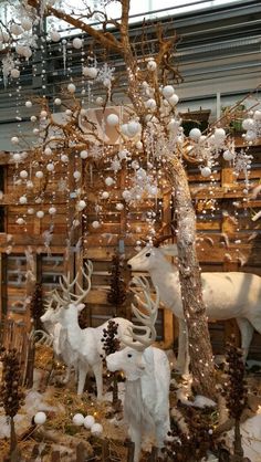 an assortment of christmas ornaments and deer in a store window display with fake snowflakes hanging from the branches