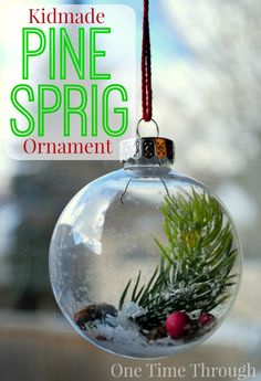 a glass ornament with pine sprig ornaments hanging from it's side