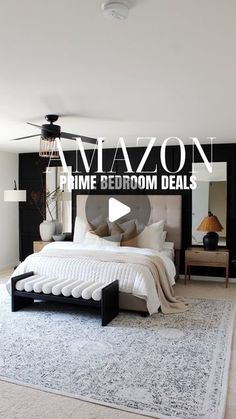 a bed room with a neatly made bed and a ceiling fan